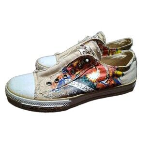 ED HARDY Vintage Y2K Iconic Tattoo Print Laceless Sneakers Size 7 Distressed